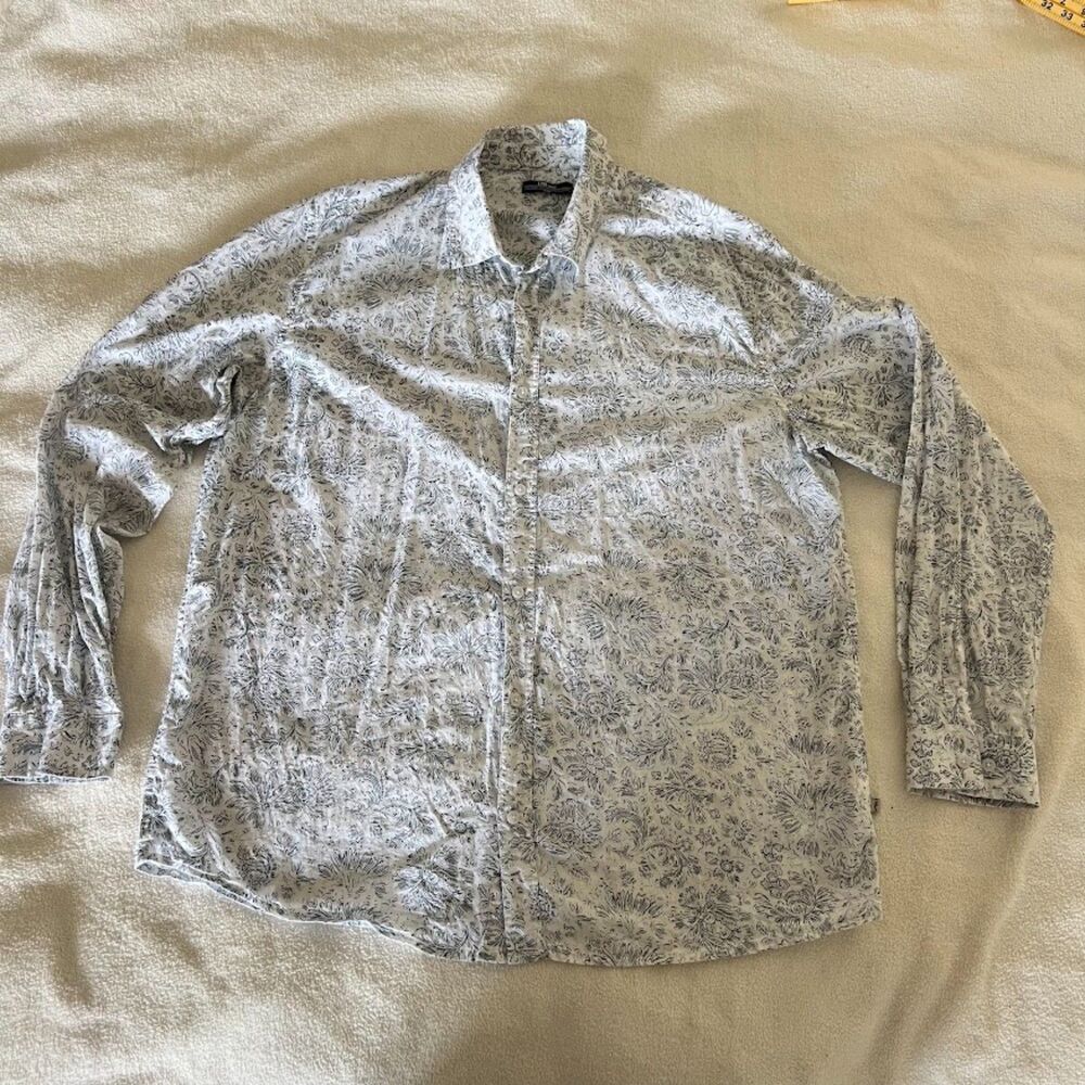 LTB Men's Button-Down Shirt White Gray Floral, Size XXL